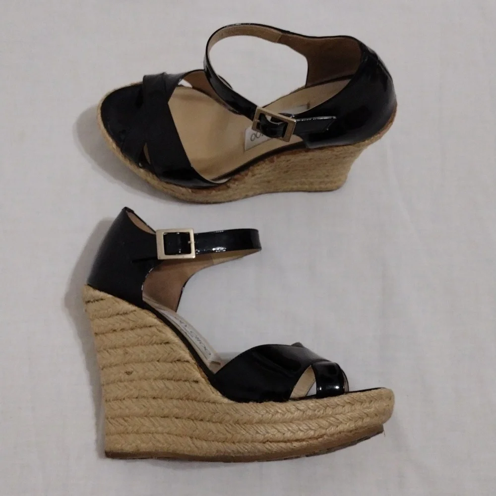 Jimmy Choo Designer Paisley Patent Leather Wedge Sandals Ankle Strap US 6 Chic